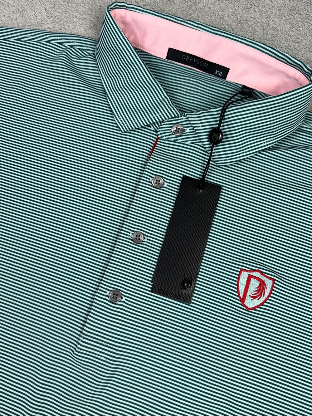 Greyson Golf Polo Shirt Mens 2XL Green Stripe Performance Stretch Club Logo NEW